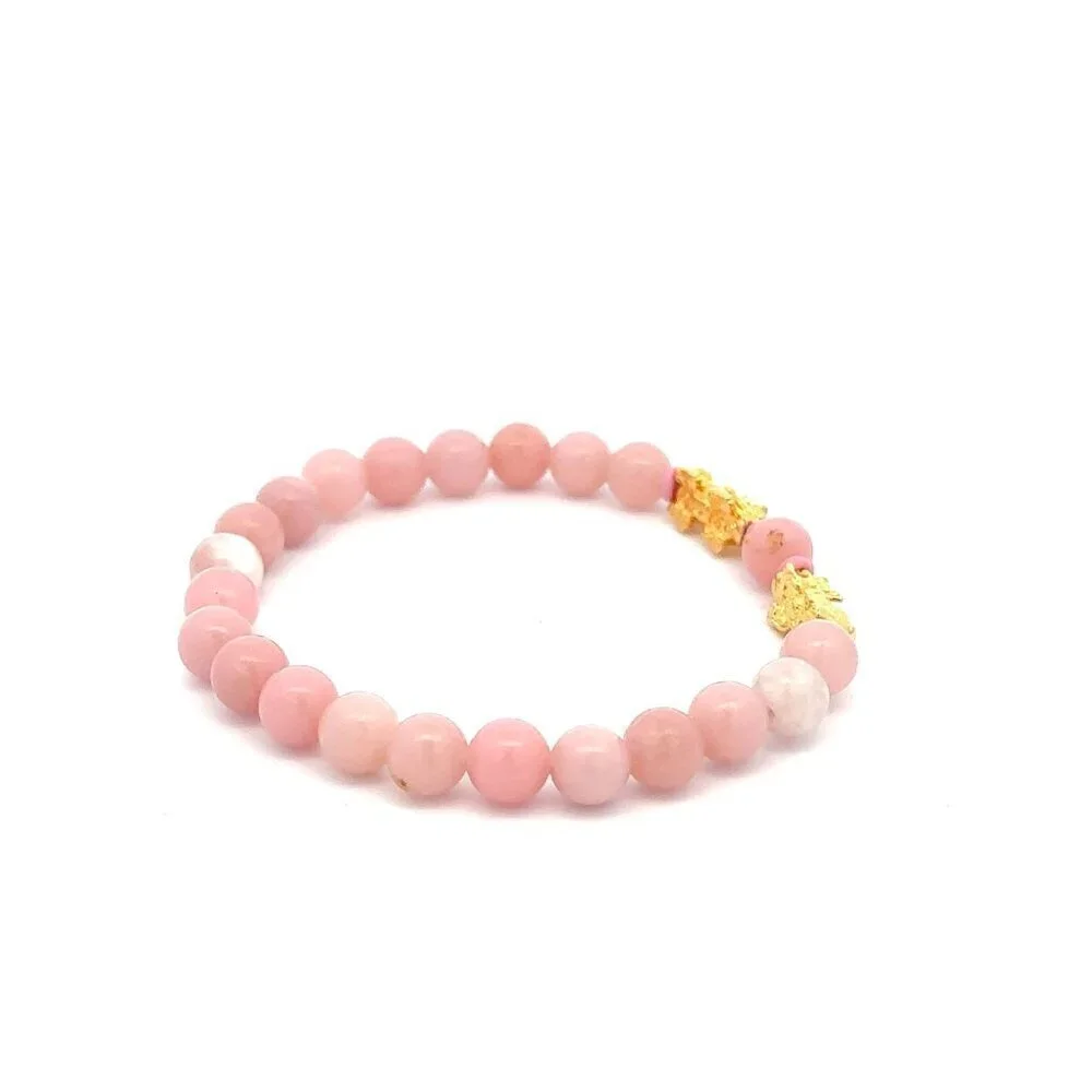 18K Gold Dragon Pixiu Double Piyao Lucky Charm Bracelet Gemstones Pink Opal 6mm - Picture 5 of 7